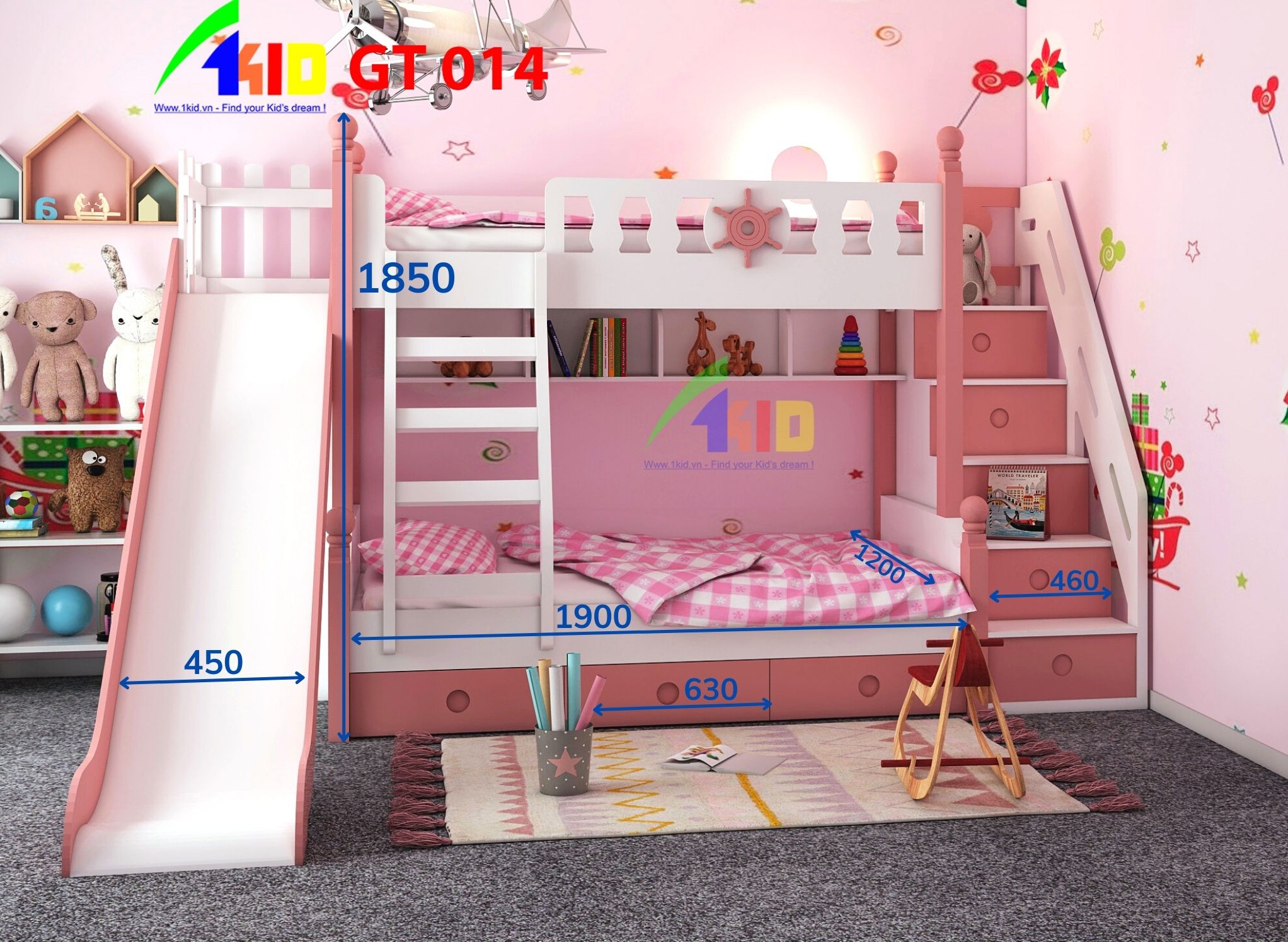 Kích thước giường tầng cho bé gái Onekid